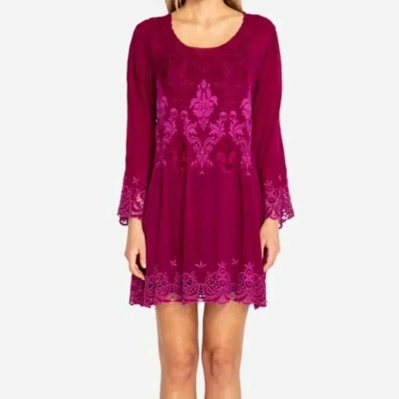 Johnny Was Robin Embroidered Bohemian Tunic Mini Dress in Rose Wine Purple Small - Picture 1 of 8